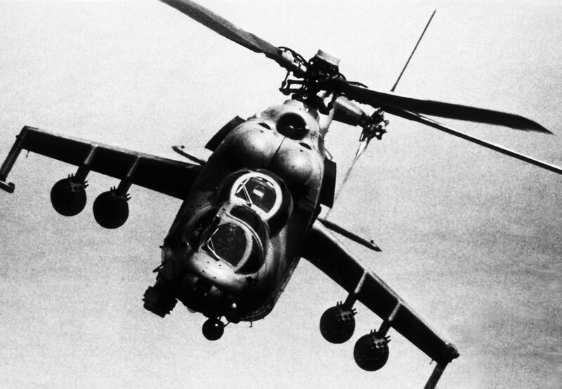Military Helicopter in Flight — Black, Dramatic, Photograph