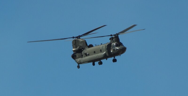 Military Helicopter in Flight — Blue, Calm, Afternoon, Photograph, Sky