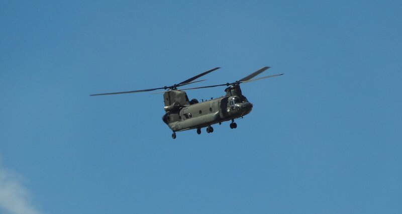 Military Helicopter in Flight — Blue, Calm, Afternoon, Photograph