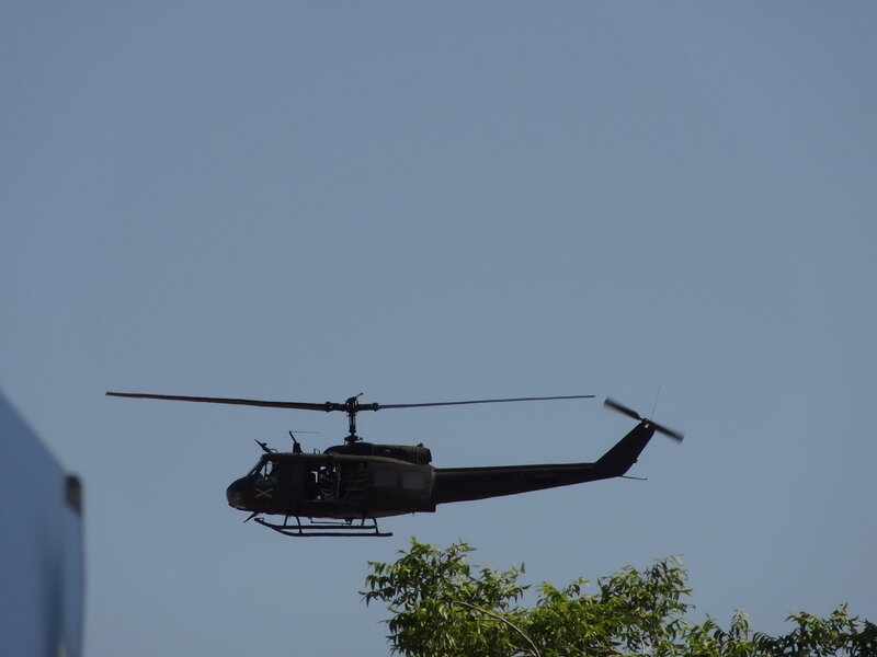 Military Helicopter in Flight — Blue, Calm