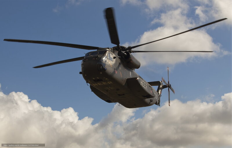 Military Helicopter in Flight — Blue, Dramatic, Afternoon