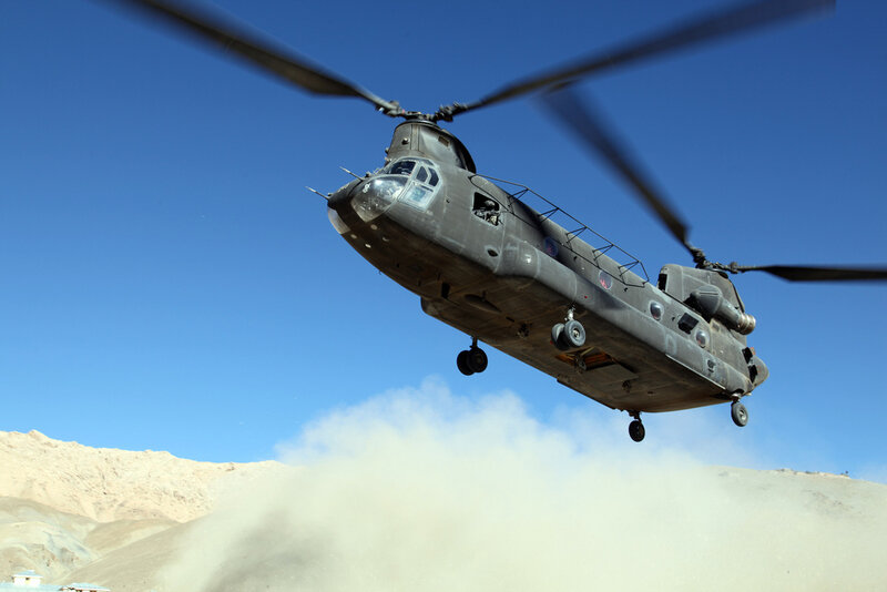 Military Helicopter in Flight — Blue, Dynamic