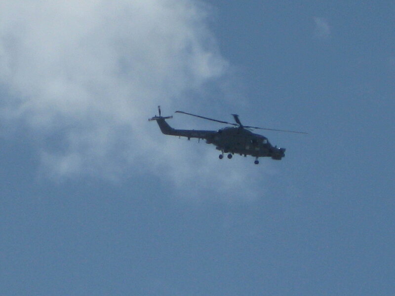 Military Helicopter in Flight — Blue, Neutral, Afternoon, Photograph, Clouds