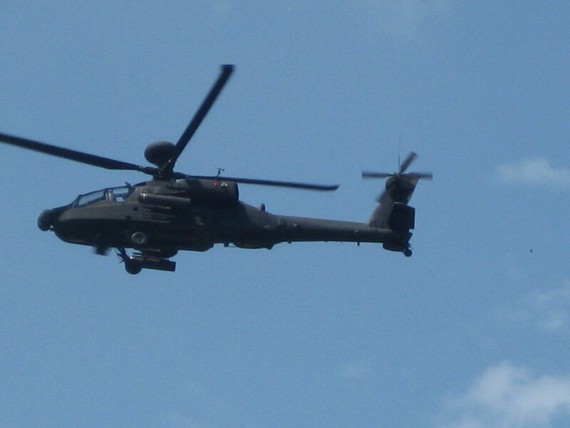 Military Helicopter in Flight — Blue, Neutral, Afternoon, Photograph, Sky, Clouds, Gray