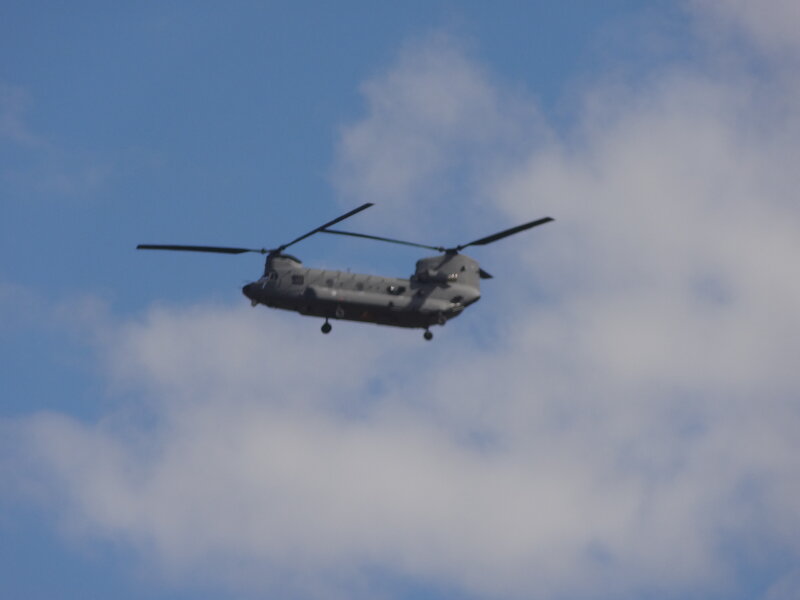 Military Helicopter in Flight — Blue, Neutral, Afternoon