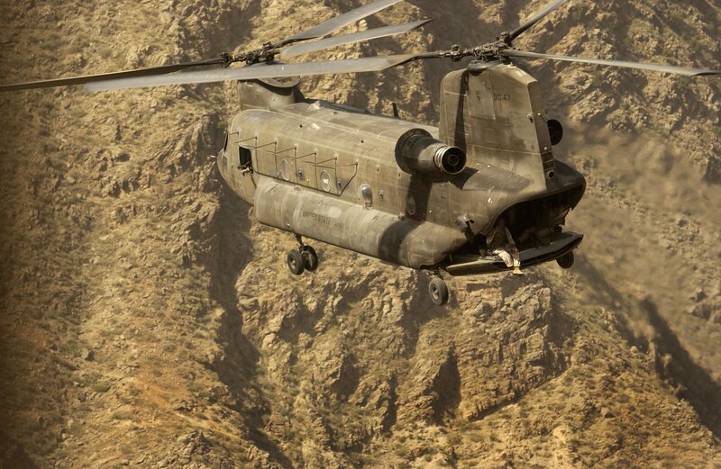 Military Helicopter in Flight — Brown, Dramatic, Afternoon, Photograph