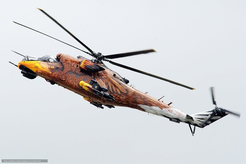 Military Helicopter in Flight — Brown, Dynamic, Photograph, Sky