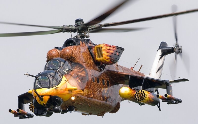 Military Helicopter in Flight — Brown, Dynamic