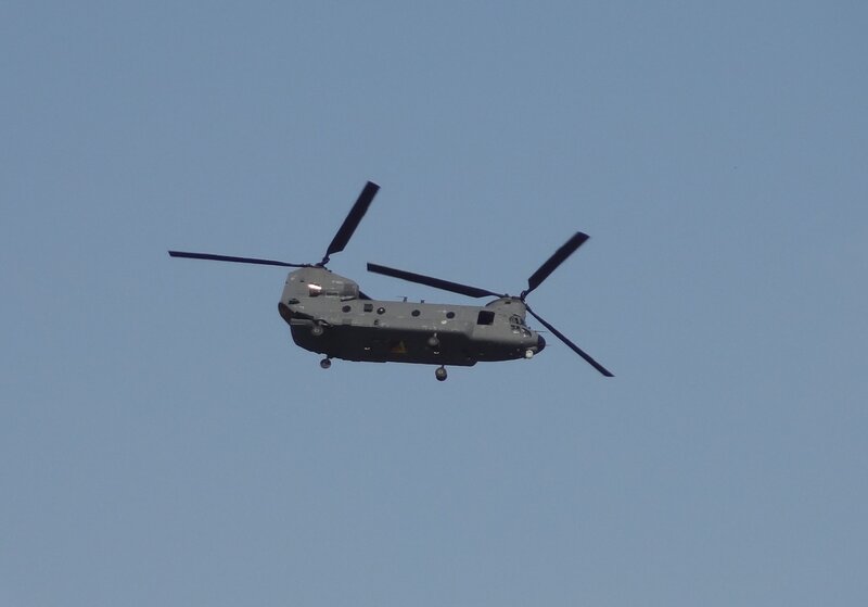 Military Helicopter in Flight — Gray, Calm