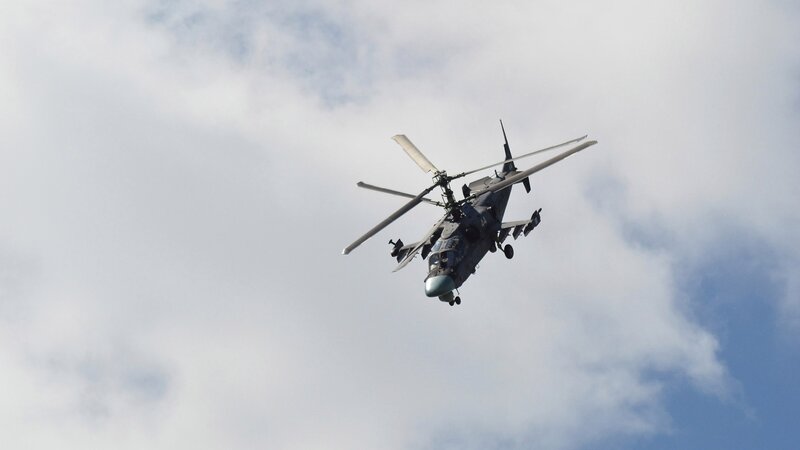 Military Helicopter in Flight — Gray, Dramatic, Afternoon, Photograph, Clouds, Sky