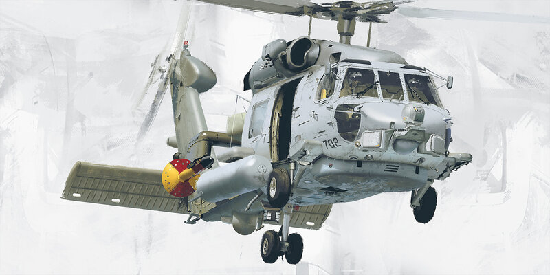 Military Helicopter in Flight — Gray, Dramatic, Digital Art