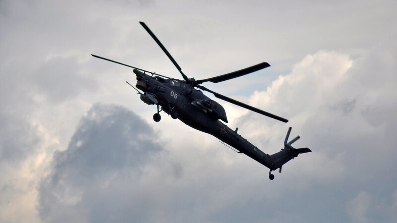 Military Helicopter in Flight — Gray, Dramatic, Photograph, Clouds, Rotor Blades