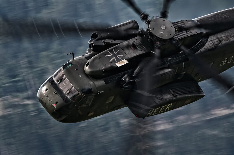Military Helicopter in Flight — Gray, Dramatic, Photograph, Rotor Blades, Sky