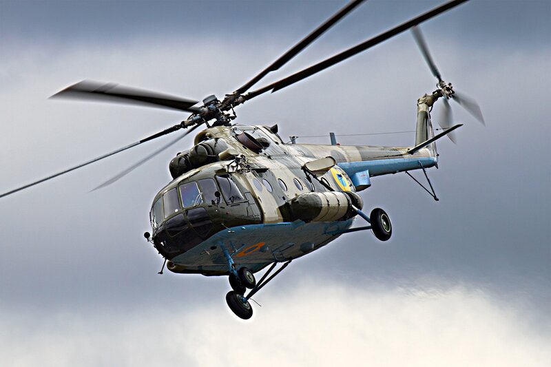 Military Helicopter in Flight — Gray, Dramatic, Photograph, Sky, Clouds