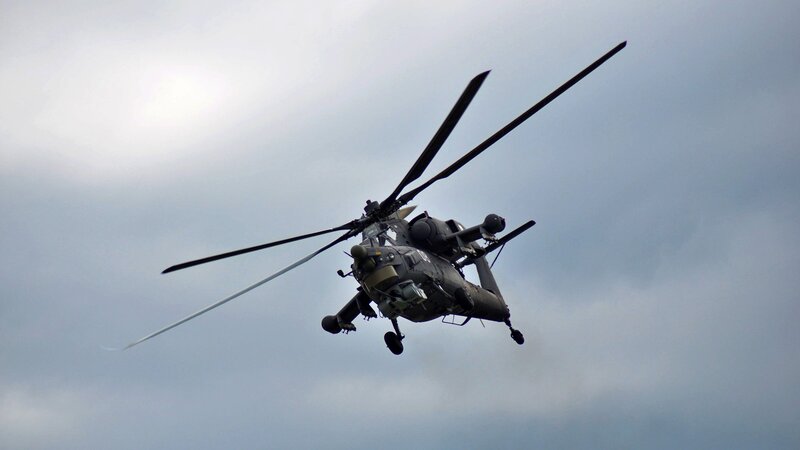 Military Helicopter in Flight — Gray, Dramatic, Photograph, Sky