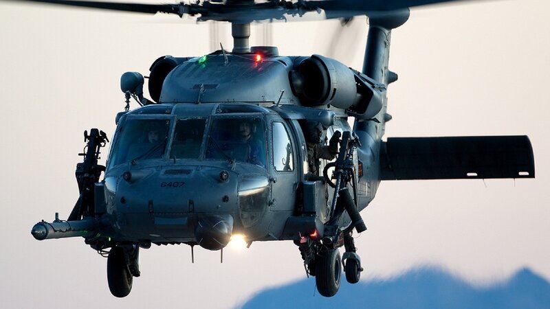 Military Helicopter in Flight — Gray, Dramatic, Sunset, Photograph, Pilot