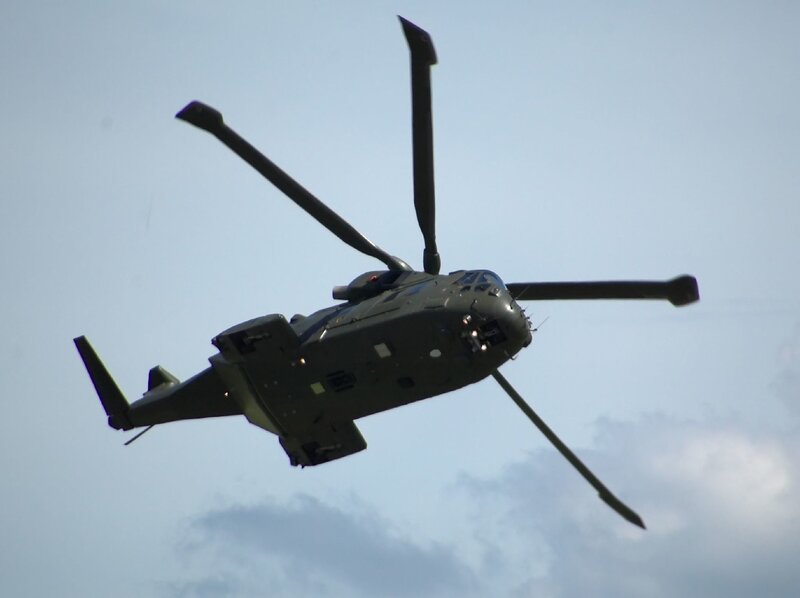 Military Helicopter in Flight — Gray, Neutral, Afternoon, Photograph, Sky, Clouds