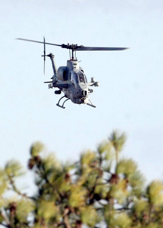 Military Helicopter in Flight — Gray, Neutral, Afternoon, Photograph, Sky, Trees