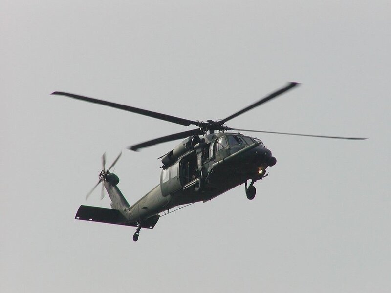 Military Helicopter in Flight — Gray, Neutral, Photograph, Rotor Blades, Tail Rotor
