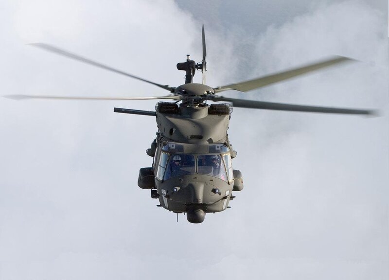 Military Helicopter in Flight — Gray, Neutral, Photograph, Rotor Blades