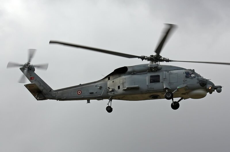 Military Helicopter in Flight — Gray, Overcast, Photograph, Rotor Blades