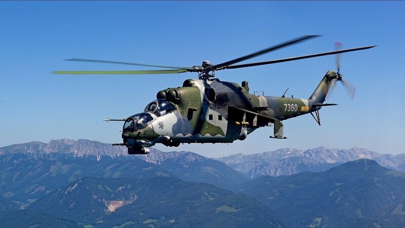 Military Helicopter in Flight — Green, Dramatic, Afternoon, Photograph, Mountains