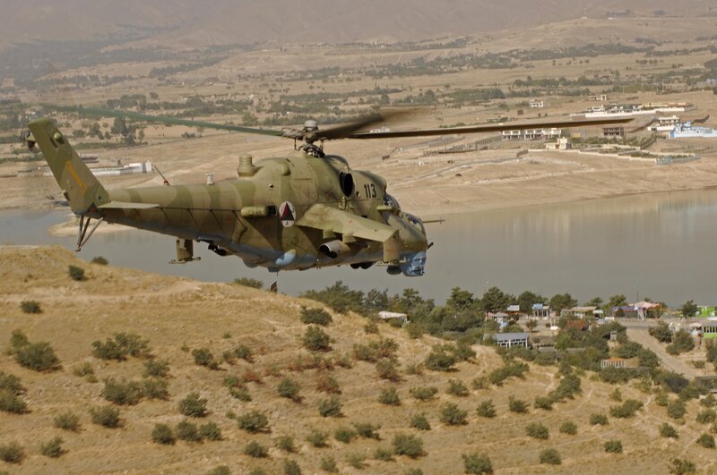 Military Helicopter in Flight — Green, Dramatic, Afternoon, Photograph, River, Hills