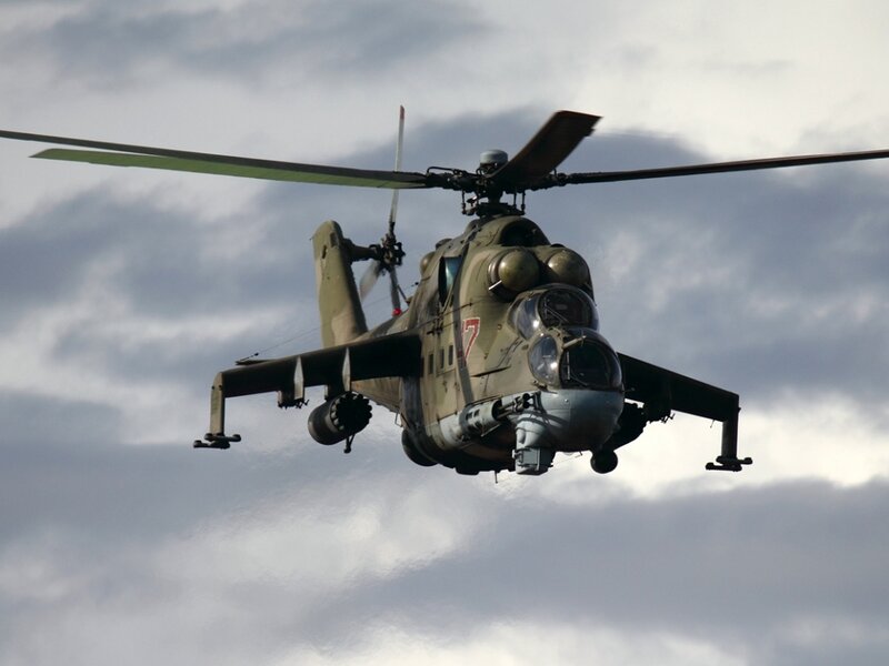 Military Helicopter in Flight — Green, Dramatic, Photograph, Clouds