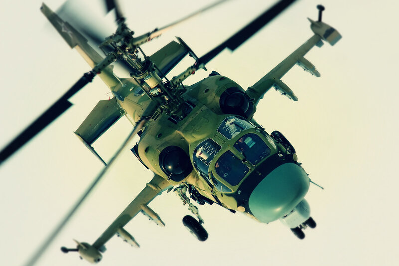 Military Helicopter in Flight — Green, Dramatic, Photograph, Rotor Blades