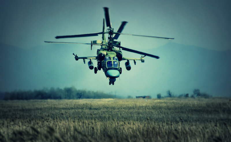Military Helicopter in Flight — Green, Dramatic, Photograph