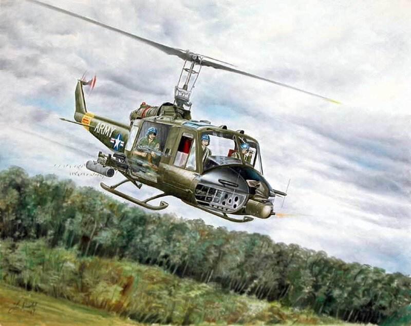 Military Helicopter in Flight — Green, Dramatic