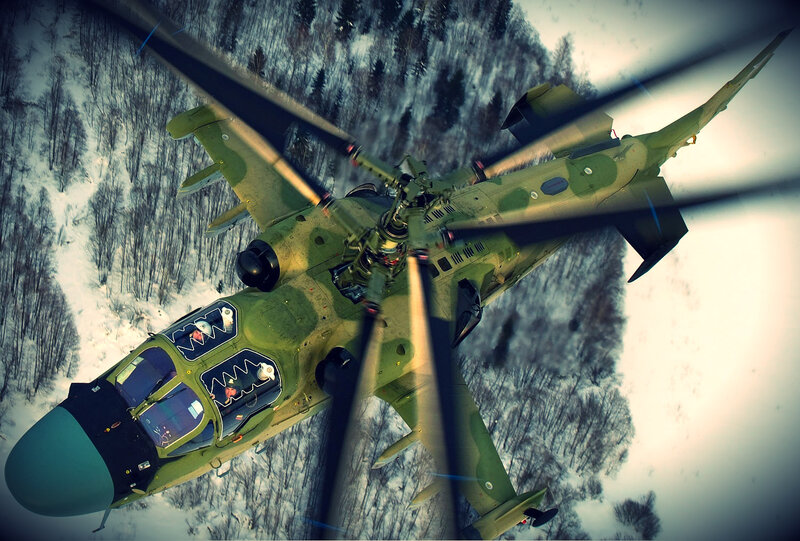 Military Helicopter in Flight — Green, Dramatic, Winter