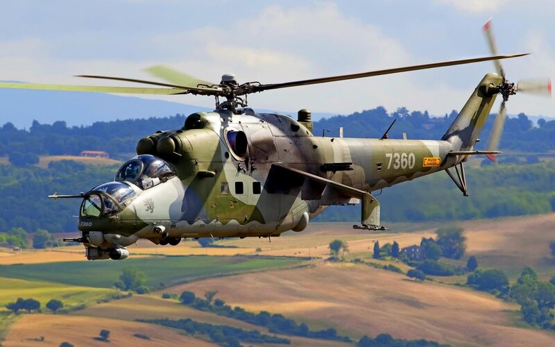 Military Helicopter in Flight — Green, Dynamic, Afternoon, Photograph, Fields