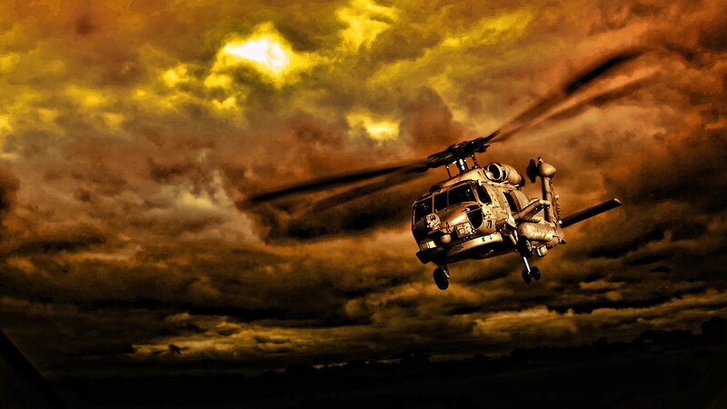 Military Helicopter in Flight — Yellow, Dramatic, Sunset