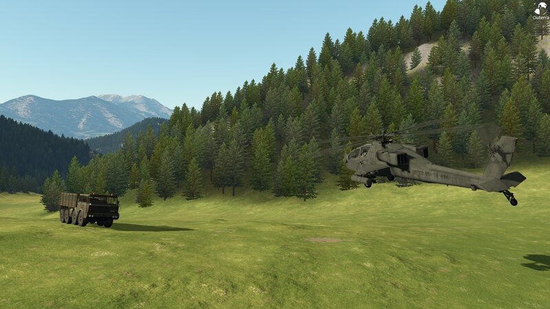 Military helicopter in forested valley