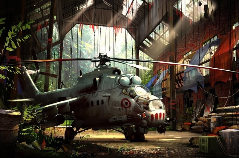 Military Helicopter in Hangar — Gray