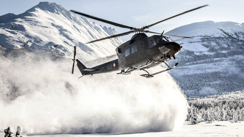 Military Helicopter in Snow — White