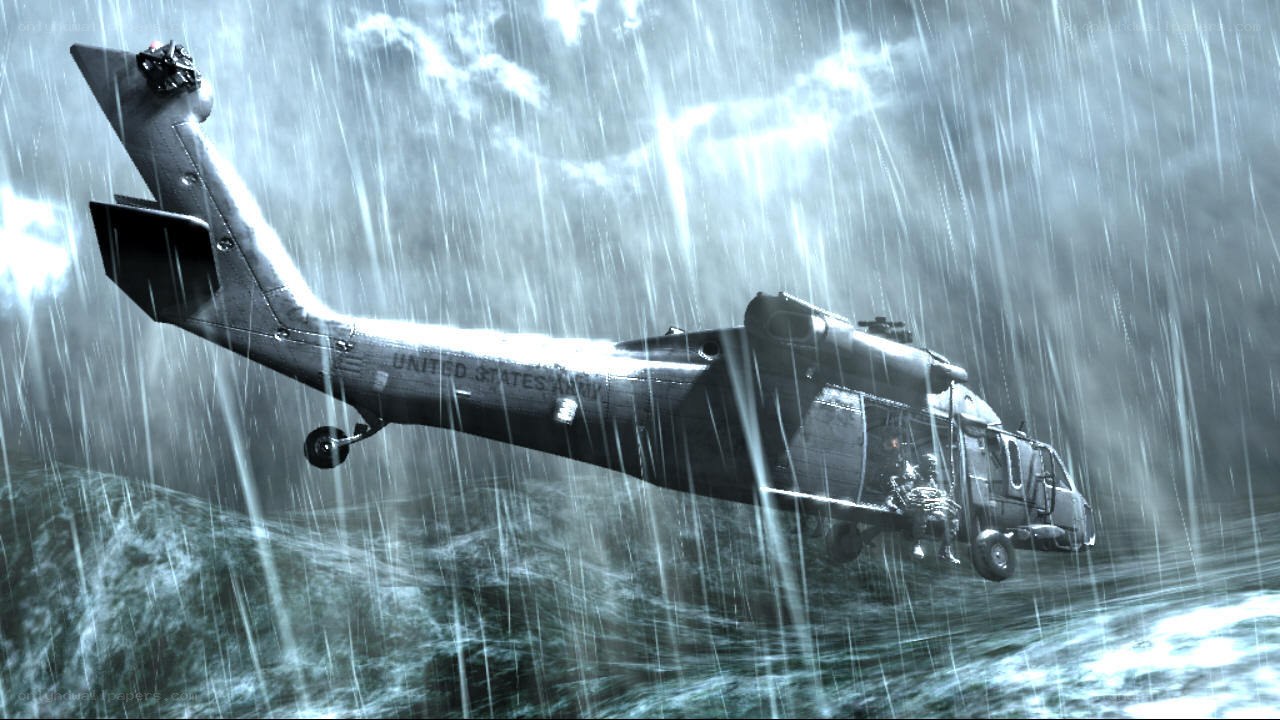 Military helicopter in storm