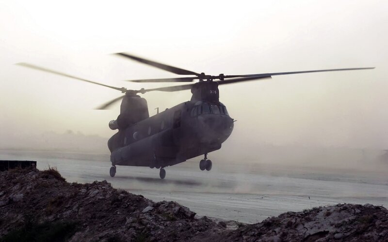 Military Helicopter Landing — Gray, Dramatic, Morning