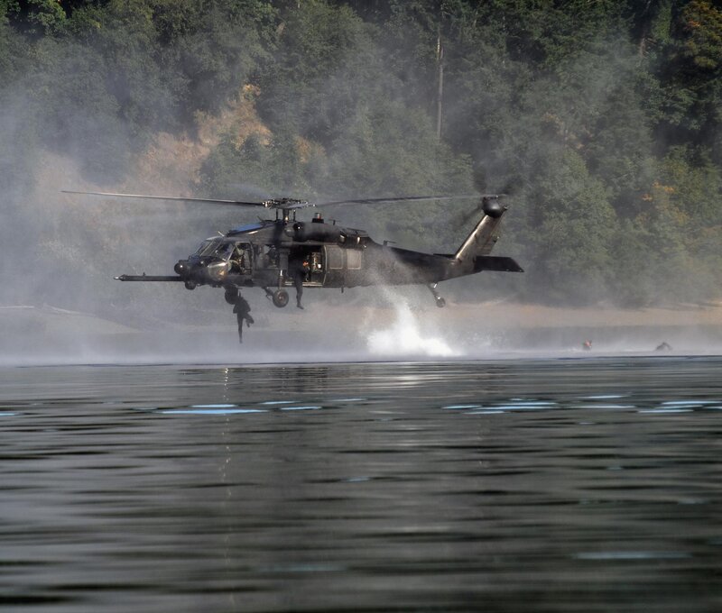 Military Helicopter Landing — Green, Dramatic, Photograph