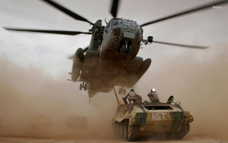 Military Helicopter Lifting Tank — Brown, Dramatic, Photograph