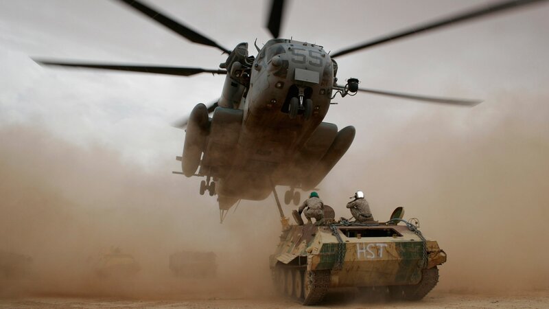 Military Helicopter Lifting Tank — Brown, Dramatic