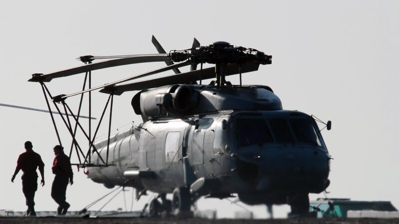 Military Helicopter on Deck — Gray, Dramatic