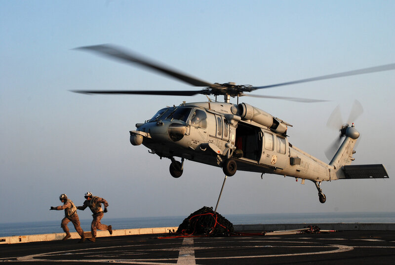 Military Helicopter on Deck — Gray