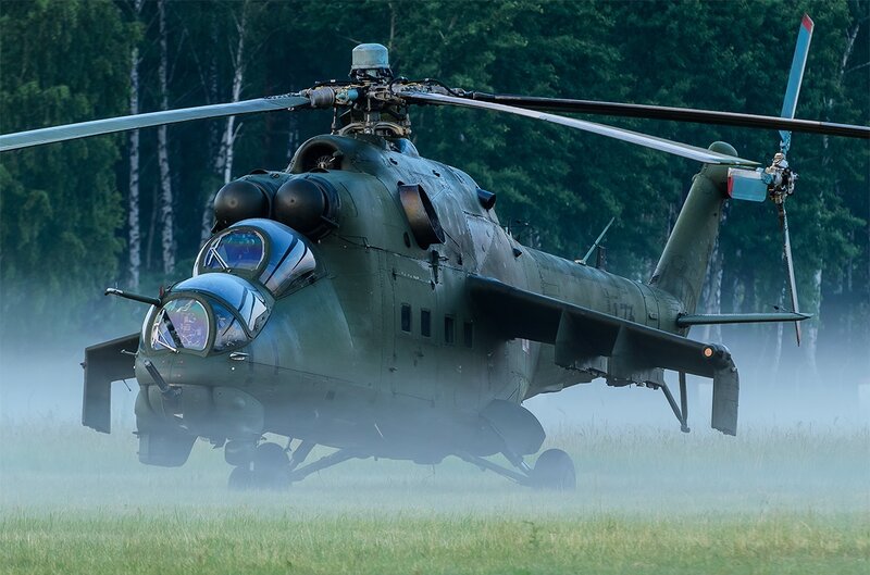 Military Helicopter on Field — Green, Dramatic