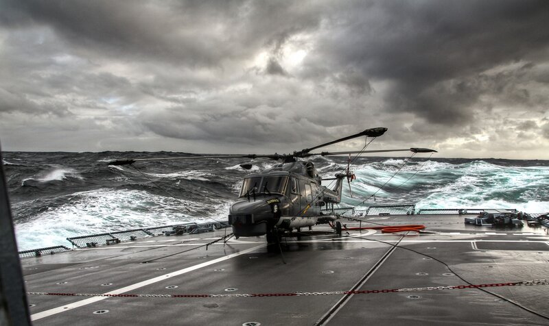 Military Helicopter on Ship — Gray, Dramatic