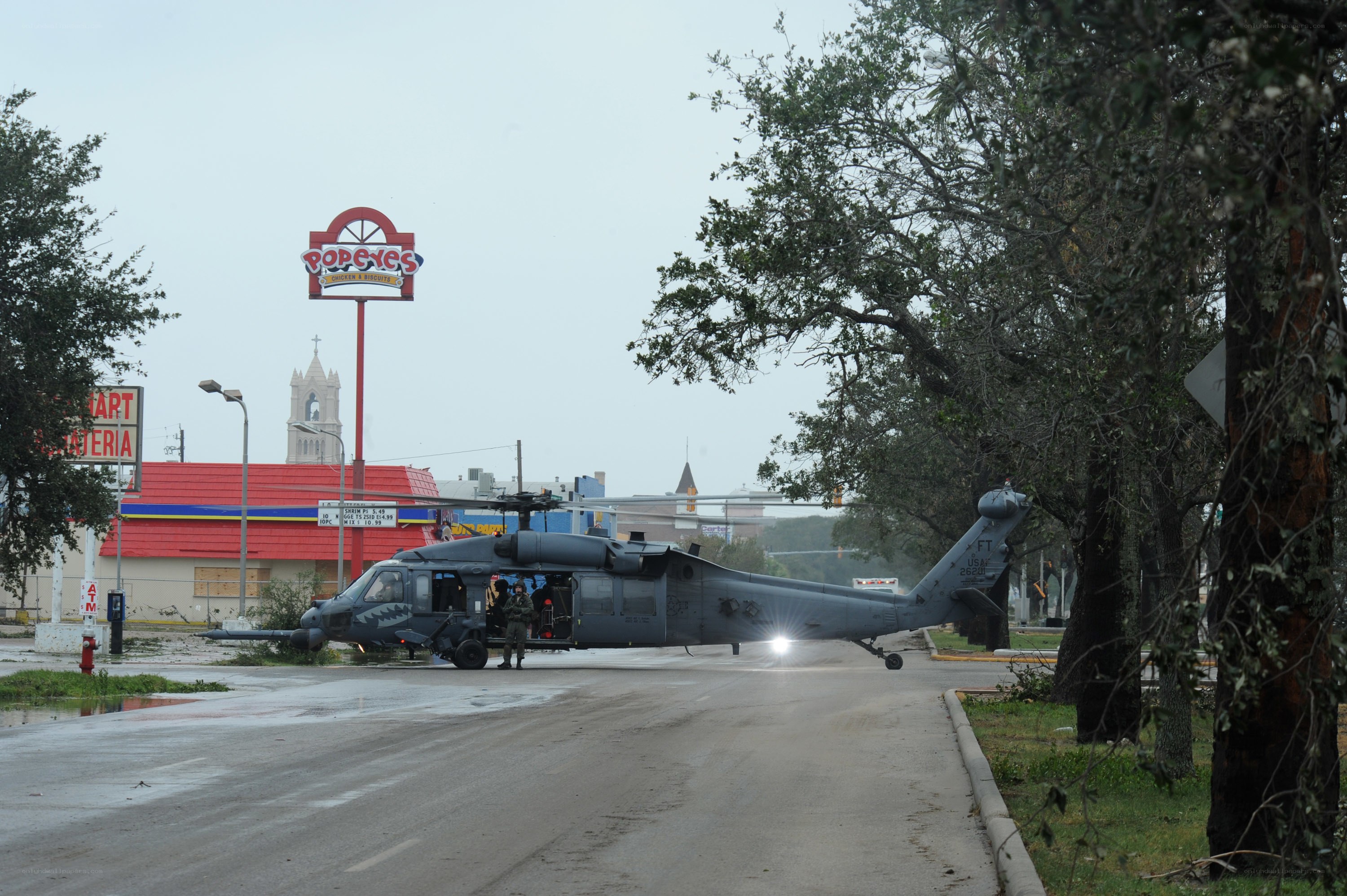 Military helicopter on street