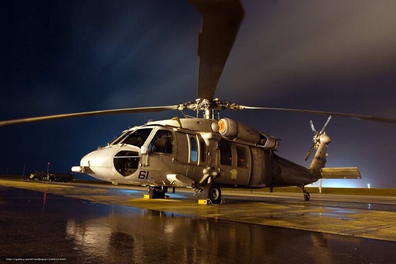 Military Helicopter on Tarmac — Gray, Dramatic, Night