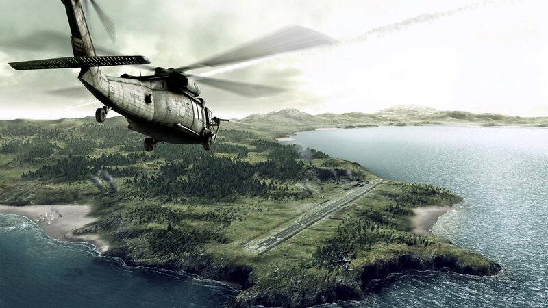 Military helicopter over coastal island