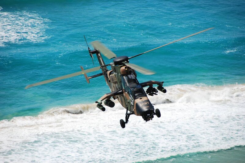 Military Helicopter over Ocean — Blue, Dramatic, Afternoon